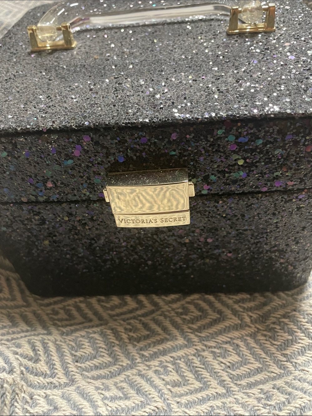 Victoria's Secret Black Glitter Jewelry or MakeupTrain Case with Gold Hardware